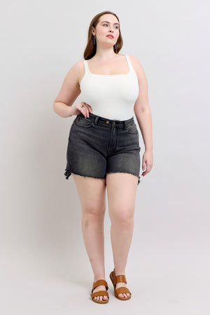 Judy Blue Mid Rise Long Cut Off 2 Button Dad Denim Shorts