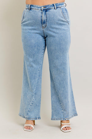 Judy Blue High Waist Stone Wash Retro Wide Leg Jeans with Skewed Inseam Tall (33" inseam)