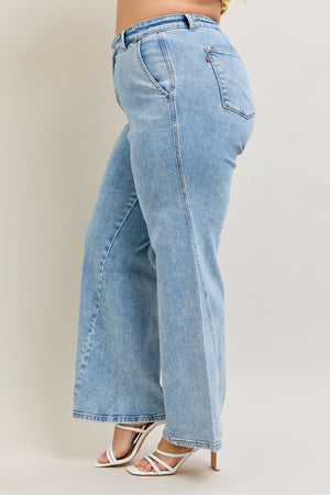 Judy Blue High Waist Stone Wash Retro Wide Leg Jeans with Skewed Inseam Tall (33" inseam)
