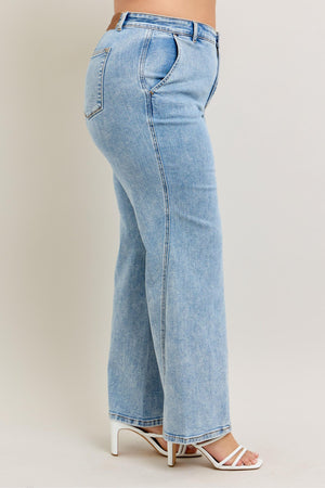 Judy Blue High Waist Stone Wash Retro Wide Leg Jeans with Skewed Inseam Tall (33" inseam)