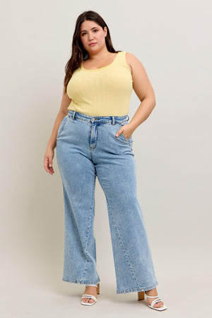Judy Blue High Waist Stone Wash Retro Wide Leg Jeans with Skewed Inseam Tall (33" inseam)