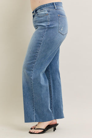 Judy Blue Mid Rise V - Front Raw Hem Baggy Jeans Tall (33" inseam)