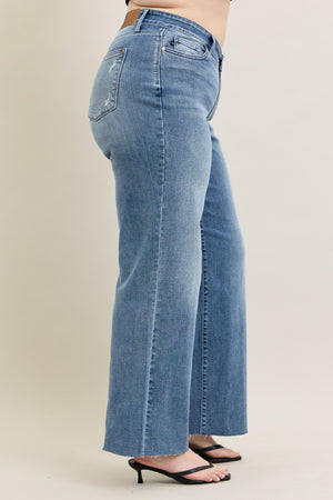 Judy Blue Mid Rise V - Front Raw Hem Baggy Jeans Tall (33" inseam)