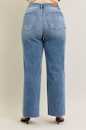 Judy Blue Mid Rise V - Front Raw Hem Baggy Jeans Tall (33" inseam)