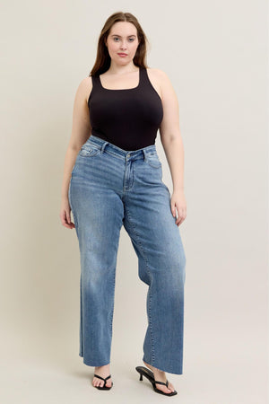 Judy Blue Mid Rise V - Front Raw Hem Baggy Jeans Tall (33" inseam)