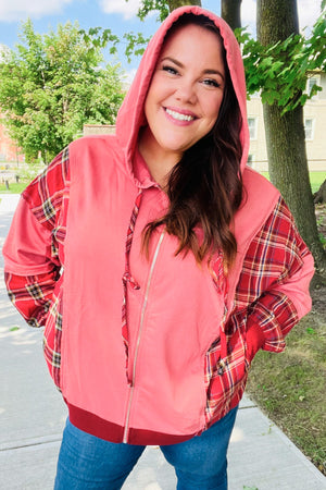 Adorable in Marsala Plaid Color Block Zipper French Terry Hoodie