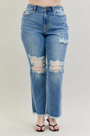 Judy Blue High Waist Distressed Bootcut Fray Hem Jeans