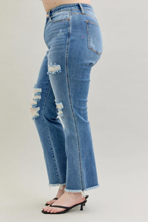 Judy Blue High Waist Distressed Bootcut Fray Hem Jeans