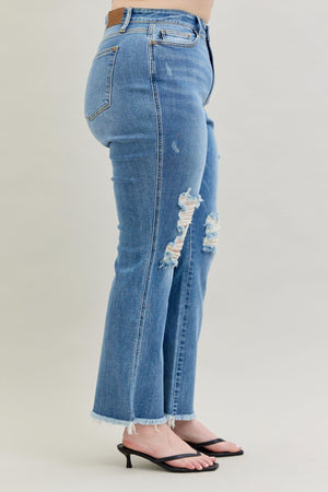Judy Blue High Waist Distressed Bootcut Fray Hem Jeans