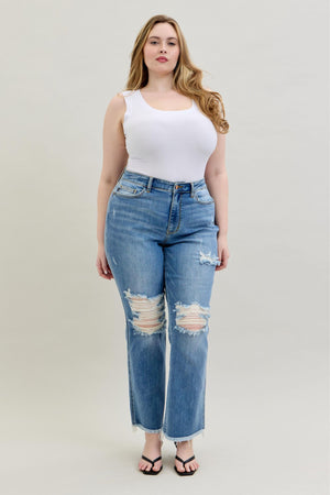 Judy Blue High Waist Distressed Bootcut Fray Hem Jeans