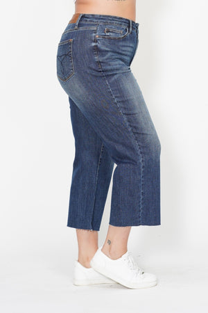 Judy Blue High Waist Back Pocket Embroidery Crop Wide Jeans