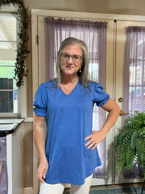 Flounce Smocked Sleeve V-Neck Tee Blue