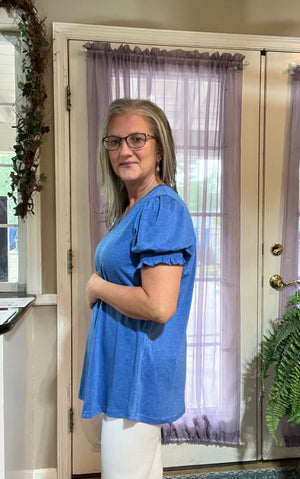 Flounce Smocked Sleeve V-Neck Tee Blue