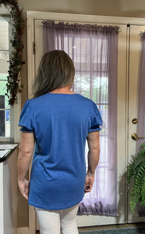 Flounce Smocked Sleeve V-Neck Tee Blue