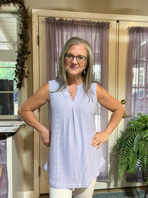 Notched Neck Curved Hem Eyelet Tank - 8 colors