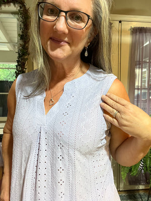 Notched Neck Curved Hem Eyelet Tank - 8 colors