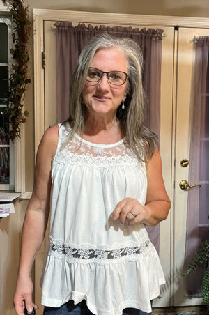 Lace Yoke Peplum Tank Heathered Taupe Grey