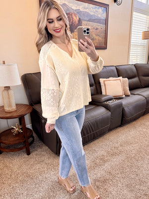 Long Sleeve Floral Crochet Top In Cream