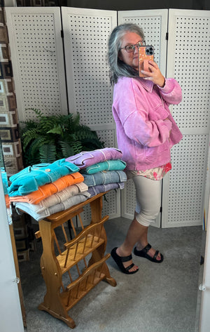 Acid Wash Fleece Cropped Shacket with Front Pockets by Zenana