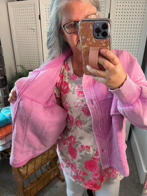 Acid Wash Fleece Cropped Shacket with Front Pockets by Zenana