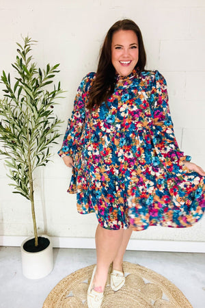 Beautiful You Teal & Berry Watercolor Floral Mock Neck Dress