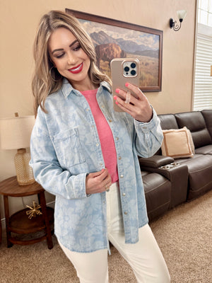 RISEN Light Wash Floral Print Denim Shacket