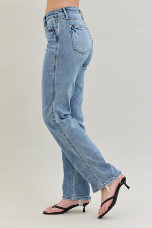 Judy Blue Mid Rise Frayed Hem Cell Phone Pocket Dad Straight Leg Jeans