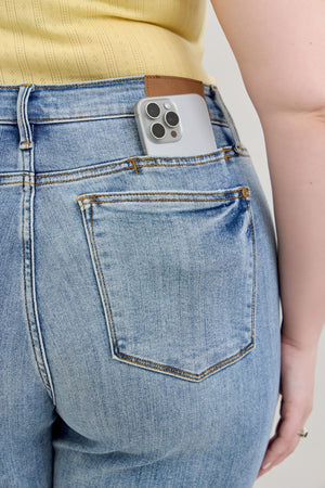 Judy Blue Mid Rise Frayed Hem Cell Phone Pocket Dad Straight Leg Jeans