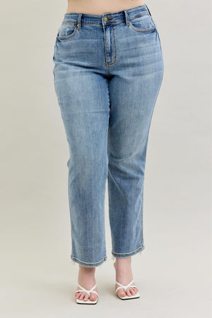 Judy Blue Mid Rise Frayed Hem Cell Phone Pocket Dad Straight Leg Jeans