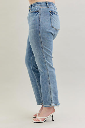 Judy Blue Mid Rise Frayed Hem Cell Phone Pocket Dad Straight Leg Jeans