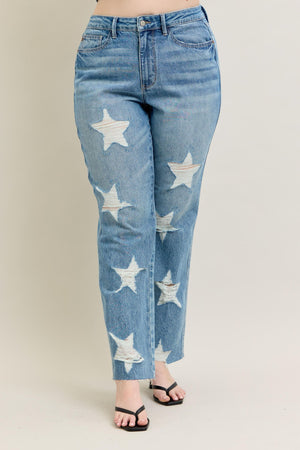 Judy Blue High Waist Rigid Magic Star Shaped Destroy 90's Straight Leg Jeans