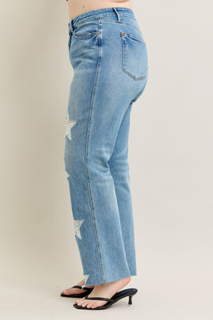 Judy Blue High Waist Rigid Magic Star Shaped Destroy 90's Straight Leg Jeans