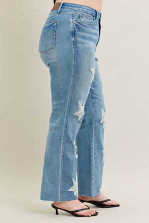 Judy Blue High Waist Rigid Magic Star Shaped Destroy 90's Straight Leg Jeans