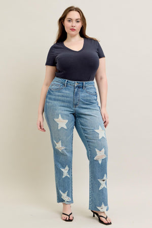 Judy Blue High Waist Rigid Magic Star Shaped Destroy 90's Straight Leg Jeans
