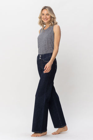Judy Blue High Waist Dark Rinse Geometric Waistband & Pocket Embroidery Wide Leg Jeans