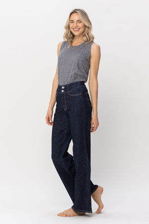Judy Blue High Waist Dark Rinse Geometric Waistband & Pocket Embroidery Wide Leg Jeans