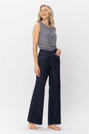 Judy Blue High Waist Dark Rinse Geometric Waistband & Pocket Embroidery Wide Leg Jeans