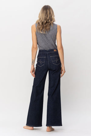 Judy Blue High Waist Dark Rinse Geometric Waistband & Pocket Embroidery Wide Leg Jeans