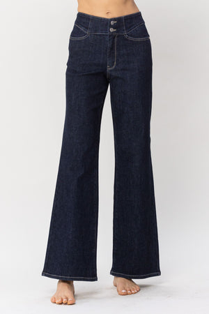 Judy Blue High Waist Dark Rinse Geometric Waistband & Pocket Embroidery Wide Leg Jeans