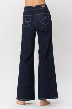 Judy Blue High Waist Dark Rinse Geometric Waistband & Pocket Embroidery Wide Leg Jeans