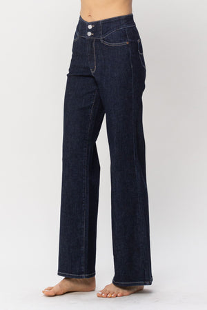 Judy Blue High Waist Dark Rinse Geometric Waistband & Pocket Embroidery Wide Leg Jeans