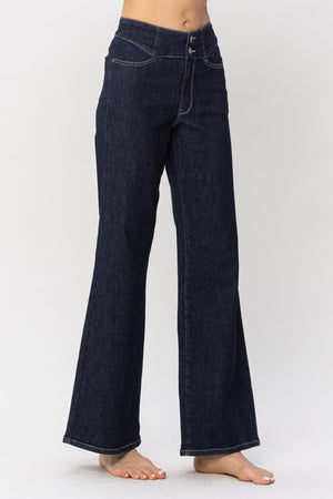 Judy Blue High Waist Dark Rinse Geometric Waistband & Pocket Embroidery Wide Leg Jeans