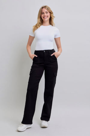 Judy Blue High Waist Cargo Wide Leg Jeans in Black