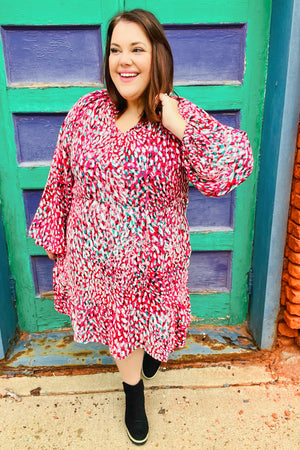 Fuchsia & Teal Dot Tie V Neck Ruffle Dress