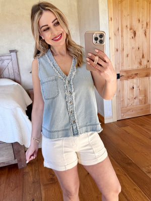 Pinstripe Denim V Neck Button Sleeveless Top