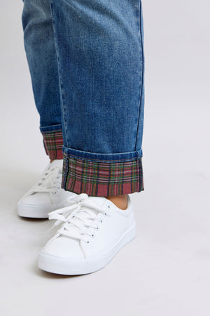 Judy Blue Mid Rise Plaid Tidings Cuffed Boyfriend Jeans