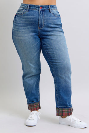 Judy Blue Mid Rise Plaid Tidings Cuffed Boyfriend Jeans
