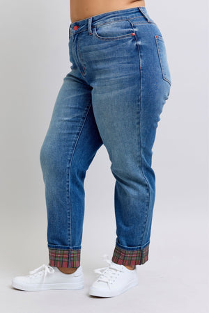 Judy Blue Mid Rise Plaid Tidings Cuffed Boyfriend Jeans