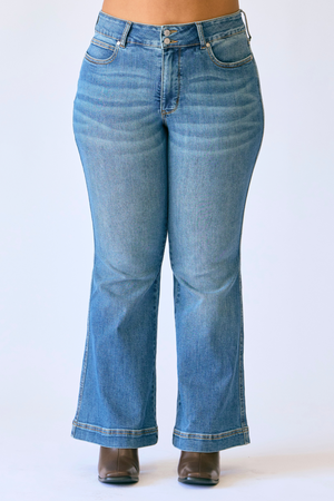 Judy Blue High Waist Tummy Control Petite Flare Double Button Waist Band Jeans