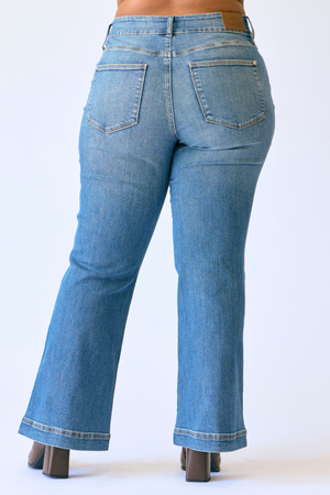 Judy Blue High Waist Tummy Control Petite Flare Double Button Waist Band Jeans